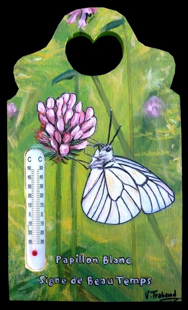 Peinture sur bois - Thermomtre papillon blanc - Virginie TRABAUD Artiste Peintre