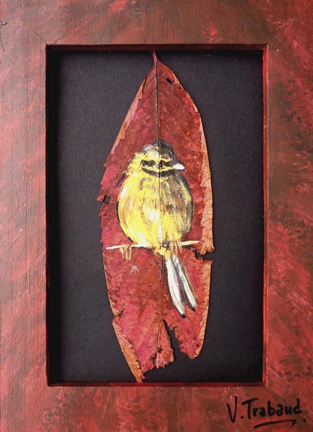 peinture Oiseau tarin des aulnes - Acrylique sur feuille de cerisier - Virginie TRABAUD
