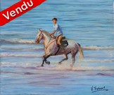 Peinture acrylique - cavalier sur un cheval au galop sur la plage - Virginie Trabaud artiste peintre