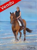 peinture acrylique - cavalière et cheval au galop sur la plage - Cliquez sur l'image pour voir la fiche et l'agrandissement