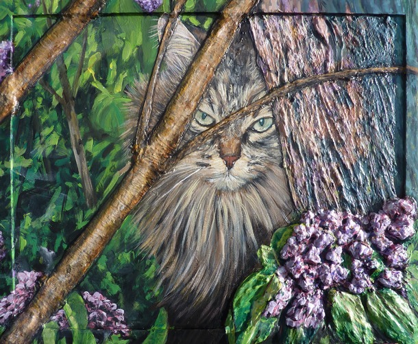 peinture le Chat et le Lilas - acrylique - virginie trabaud Artiste peintre