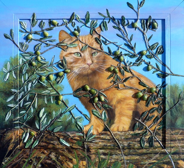 Peinture le Chat roux et olives 3D - Acrylique et mortier en relief Virginie TRABAUD Artiste peintre