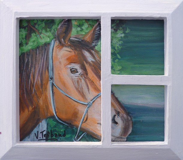 Peinture acrylique - Portrait de cheval et fenêtre - Virginie TRABAUD Artiste Peintre