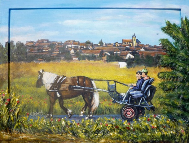 Peinture promenade en Calèche à la campagne Bourgogne - Acrylique Virginie TRABAUD