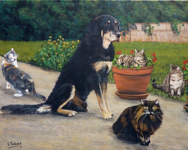 peinture chien et chats dans un jardin - acrylique d'aprs photo - virginie trabaud
