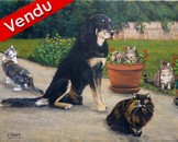 peinture un chien et 4 chats dans un jardin - Acrylique d'aprs photos - Cliquez sur l'image pour voir la fiche dtaille