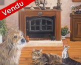 Peinture Portraits de Chien et chat devant la chemine - Virginie Trabaud Artiste Peintre Animalier