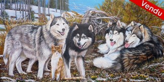 peinture chien Alaskan malamute et chat - Cliquez sur l image pour voir la fiche détaillée et le tarif de l oeuvre