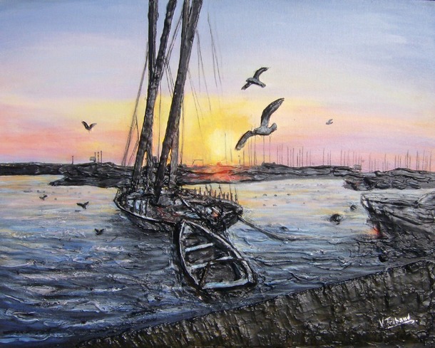 Peinture coucher de soleil sur le port - acrylique et relief 3D Virginie TRABAUD