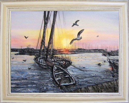 peinture coucher de soleil bateaux mouettes - Virginie trabaud