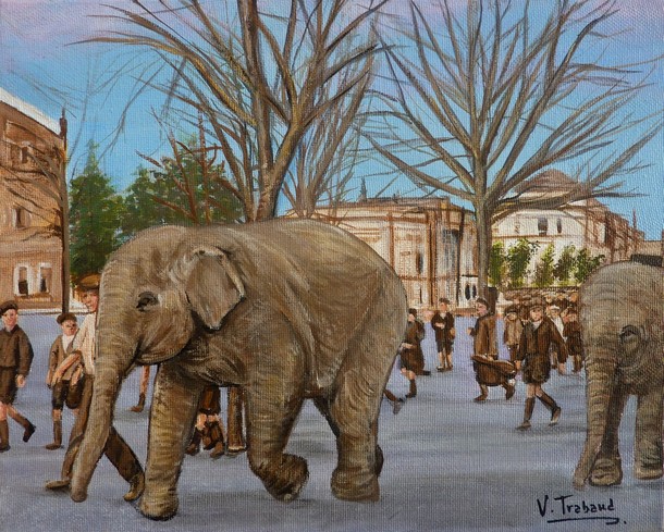 Peinture Les éléphants du Cirque Pinder à Sens Yonne 1902 - Acrylique d'après carte postale - Virginie TRABAUD