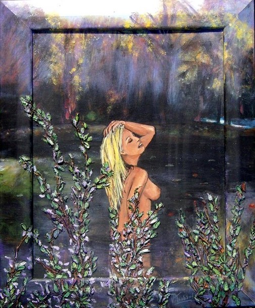 Peinture femme nue dans la rivire - acrylique et relief - virginie trabaud