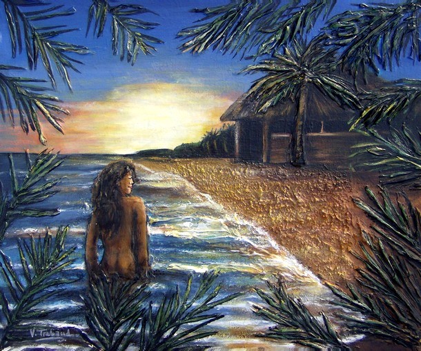 Peinture Coucher de soleil sur la plage avec femme nue Martinique - Acrylique et mortier en relief Virginie TRABAUD Artiste peintre