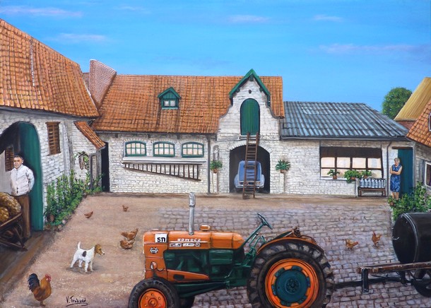Peinture ferme blanche Tracteur orange someca - Virginie TRABAUD Artiste Peintre