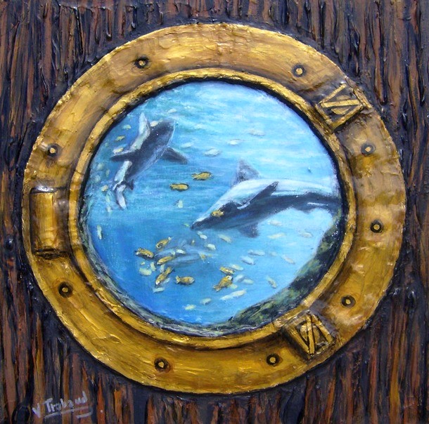 Peinture hublot Requins avec fond marin - acrylique et sculpture au mortier en relief 3D - virginie Trabaud