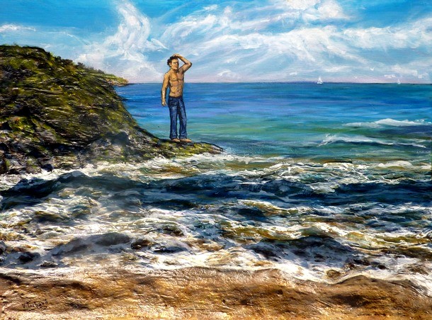 Peinture la plage de Belle île en mer avec homme sur le rocher - acrylique et sculpture au mortier en relief 3D - virginie Trabaud