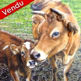 Peinture en Relief 3D - Vache et Veau - Artiste peintre animalier Virginie Trabaud