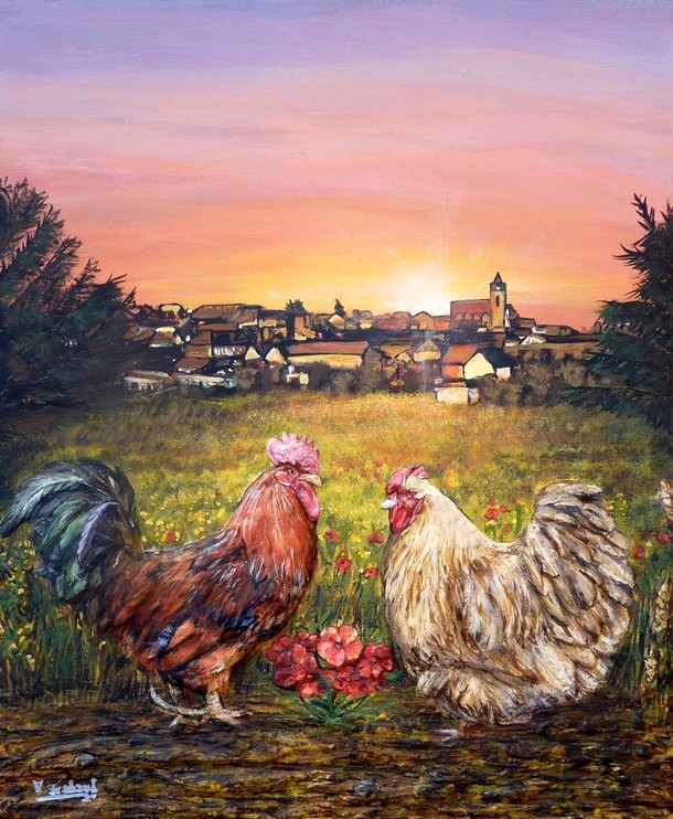 Peinture coq et poule avec coucher de soleil village bourgogne - virginie trabaud