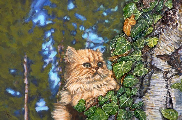 Peinture chat persan roux dans un arbre - Acrylique - virginie trabaud artiste peintre