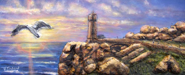 peinture coucher de soleil sur le phare de  bretagne  - Cliquez sur l image pour voir la fiche détaillée et consutler le tarif de l oeuvre