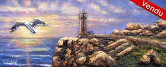 peinture coucher de soleil sur le phare de  bretagne  - Cliquez sur l image pour voir la fiche détaillée et consutler le tarif de l oeuvre
