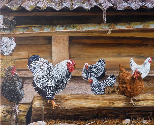 Peinture le Poulailler coq et poules - Virginie TRABAUD Artiste Peintre