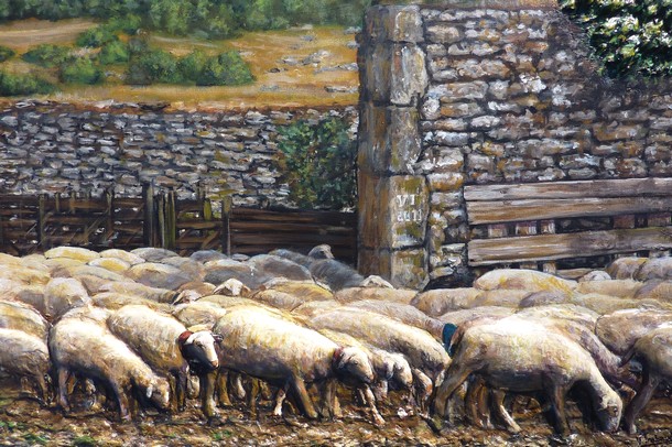 Peinture Portrait de brebis et agneau moutons - acrylique et sculpture au mortier en relief 3D - virginie Trabaud