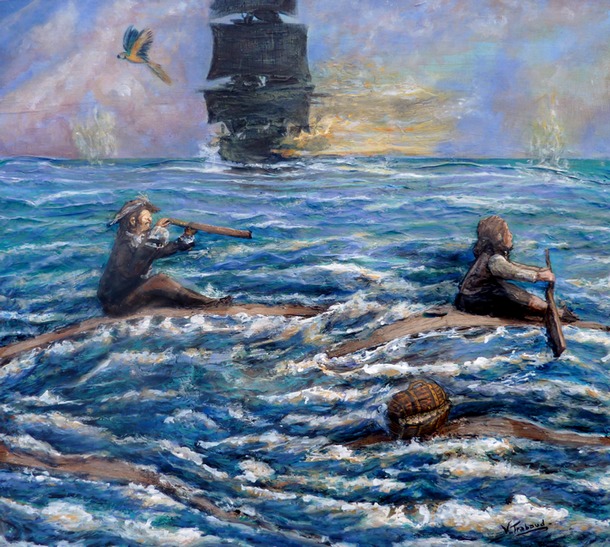 Peinture sur bois - Attaque de Pirates le capitaine et son mousse - Virginie Trabaud artiste peintre