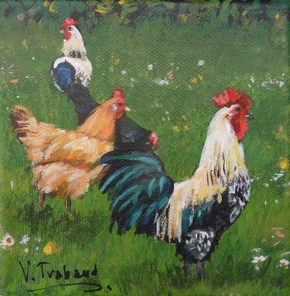 peinture Coqs et Poules - Virginie trabaud artiste peintre