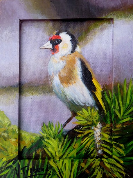 Peinture Chardonneret élégant oiseau - acrylique Virginie TRABAUD Artiste Peintre Copyright