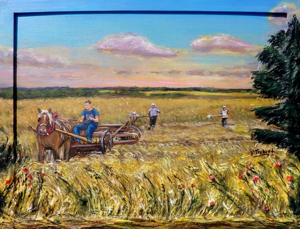 Peinture paysage de campagne et scène de moisson - Acrylique et mortier en relief - Virginie Trabaud artiste peintre