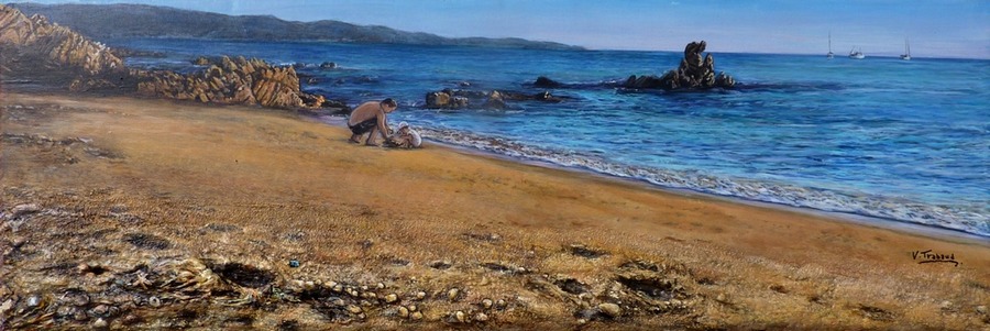 Peinture la plage de Corse Les Sanguinaires père et son enfant - acrylique et sculpture au mortier en relief 3D - virginie Trabaud
