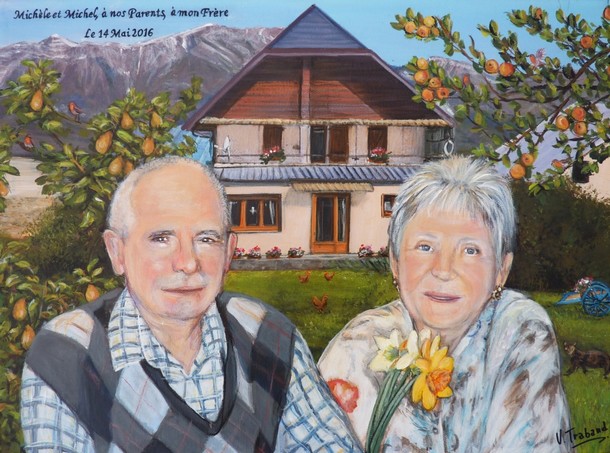 Peinture Portrait de couple ags devant sa maison chalet savoie et verger - acrylique virginie trabaud