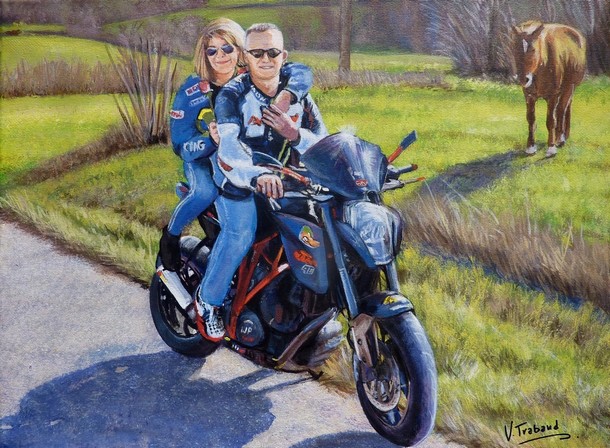 Portrait d'un couple sur une moto à la campagne - Peinture acrylique - Copyright Virginie TRABAUD Artiste Peintre