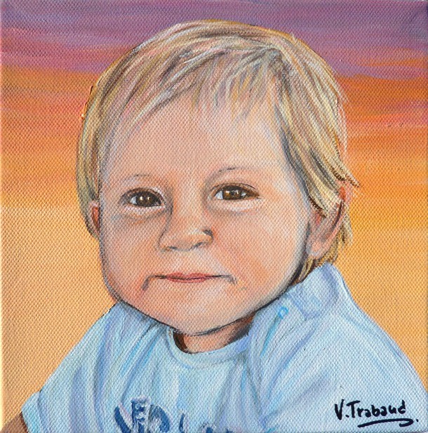 Peinture Portrait de petit garon blond avec tee-shirt bleu - acrylique sur toile - Virginie Trabaud