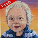 Portrait de petit garçon pull bleu - Peinture acrylique d'après photo - Virginie Trabaud Artiste Peintre