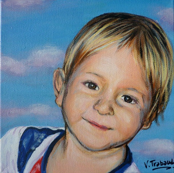 Portrait de petit garon blond tte penche d'aprs photo - acrylique sur toile - Virginie Trabaud Artiste Peintre Portraitiste