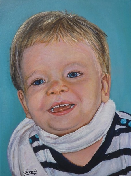 Peinture Portrait d Enfant garçon souriant - Acrylique -  virginie trabaud artiste peintre