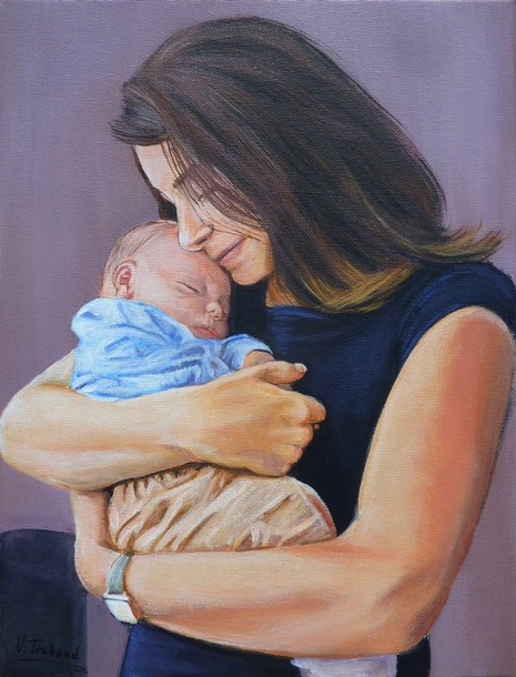 Peinture portraits mère et bébé garçon - acrylique sur toile d'après photos - Virginie TRABAUD