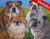 Peinture portraits de 4 chiens bulldog et pékinois - acrylique - Cliquez pour voir la fiche détaillée