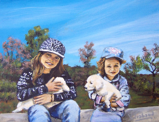 peinture enfants avec chiots labrador - acrylique d'aprs photos - virginie trabaud 