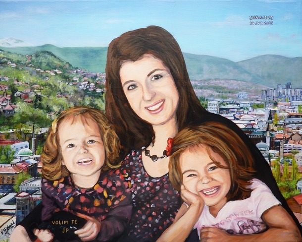 Peinture portraits mre et filles Sarajevo - Virginie Trabaud Artiste peintre