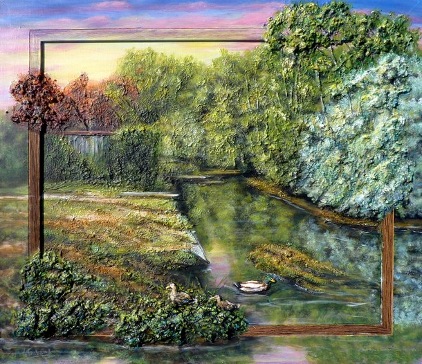 Peinture Lavoirs sur la rivière La Voulzie avec canards - acrylique et sculpture au mortier en relief 3D - virginie Trabaud