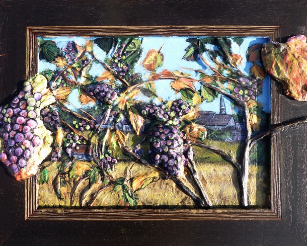 Peinture la vigne avec village - acrylique et sculpture au mortier en relief 3D - virginie Trabaud