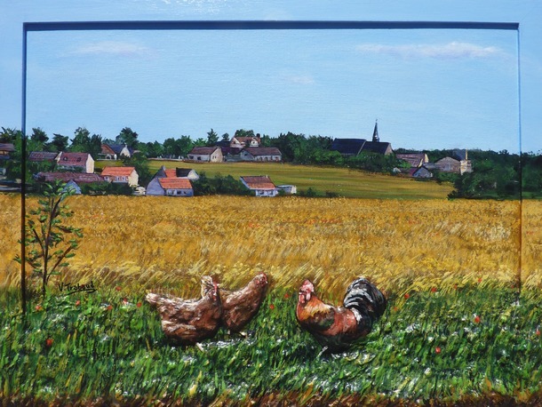 Peinture village de campagne poules et Coq champs de blés - Virginie Trabaud Artiste Peintre