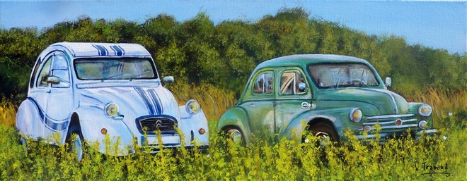 Peinture 2cv France 3  et Renault 4cv verte paysage campagne - acrylique - Copyright Virginie Trabaud