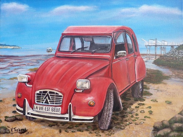 Peinture 2cv club rouge sur la plage - acrylique Virginie TRABAUD