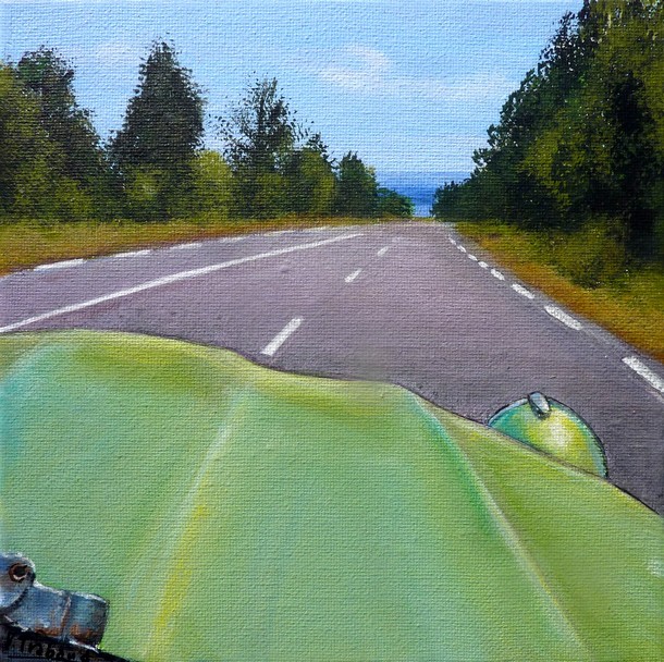 Peinture 2cv verte sur la route paysage fort - acrylique - Virginie TRABAUD Artiste Peintre