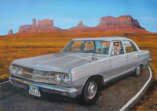 Peinture Chevrolet grise sur la route 66 Usa - Acrylique de Virginie TRABAUD