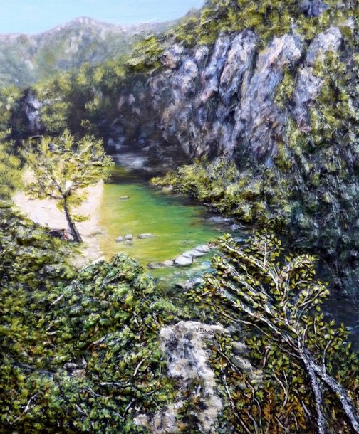 Peinture les Gorges du Tarn vue sur la rivière - Acrylique et relief - Virginie TRABAUD